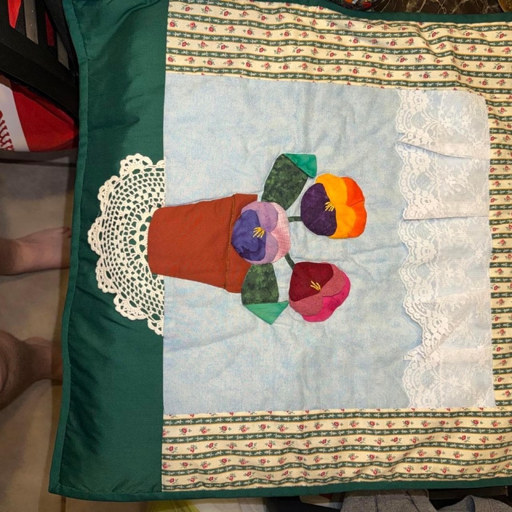 VINTAGE hand made tapestry 21" by 21" flower pot with lace bottom